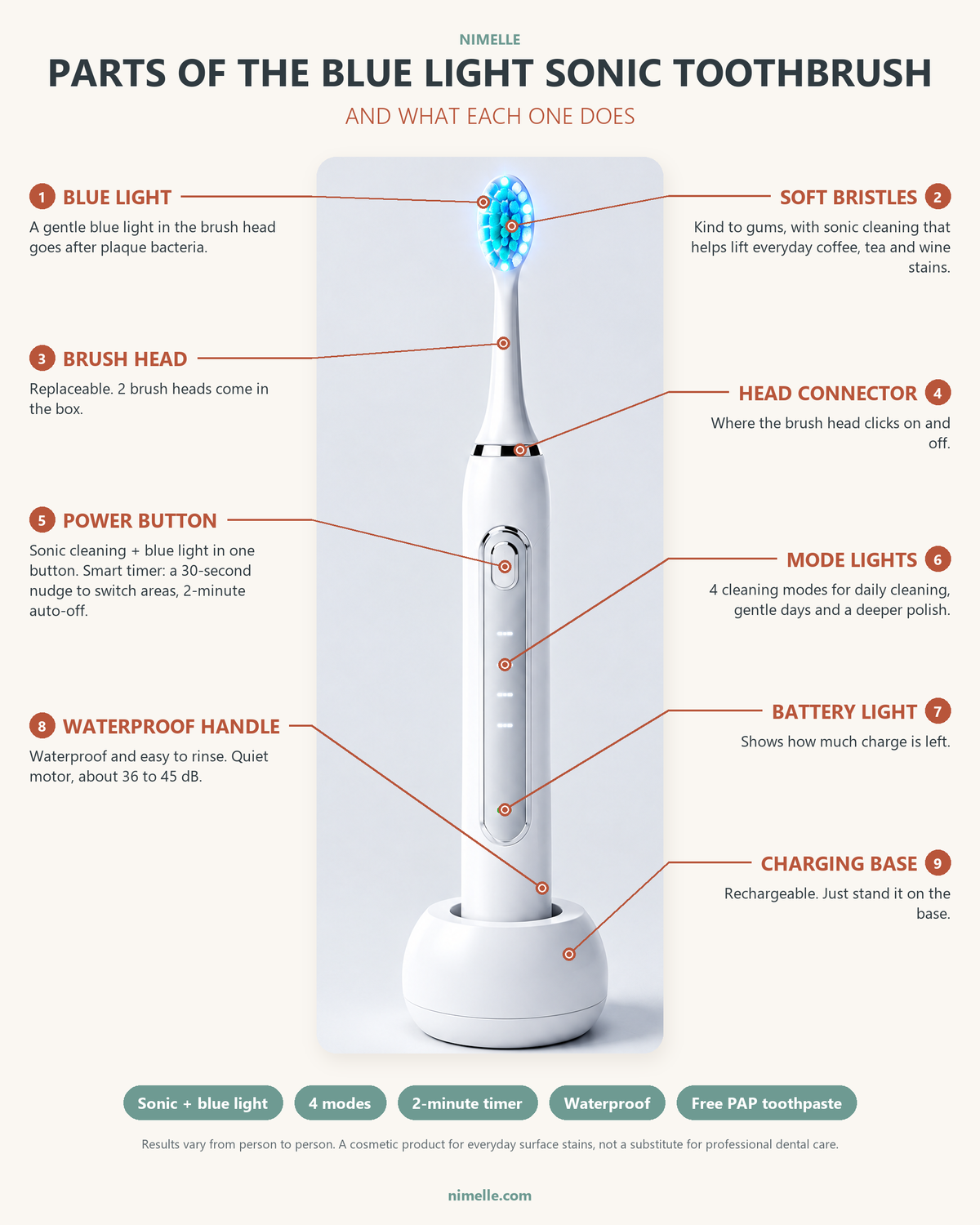 Labelled parts of the Blue Light Whitening Sonic Toothbrush: blue light, soft bristles, brush head, head connector, power button, mode lights, battery light, waterproof handle and charging base