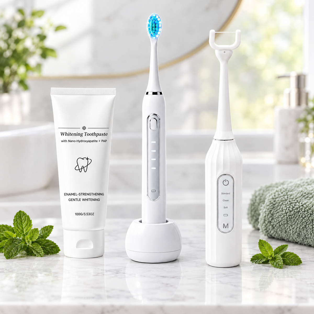 Fresh-breath routine: PAP toothpaste, Blue Light Sonic Toothbrush and PureGlide Sonic Flosser on a bathroom counter