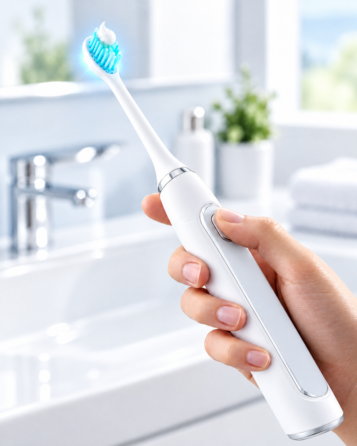 Hand pressing the power button on the sonic toothbrush