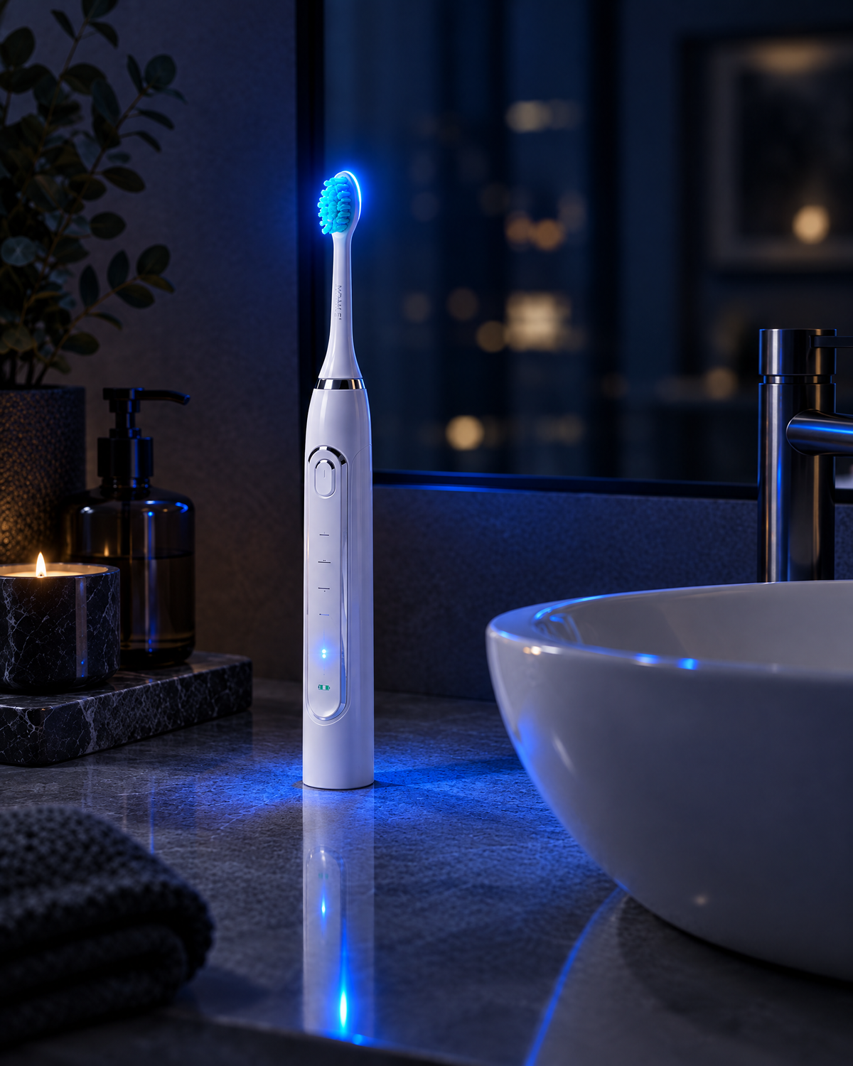 Sonic toothbrush with blue light glowing in a dark bathroom