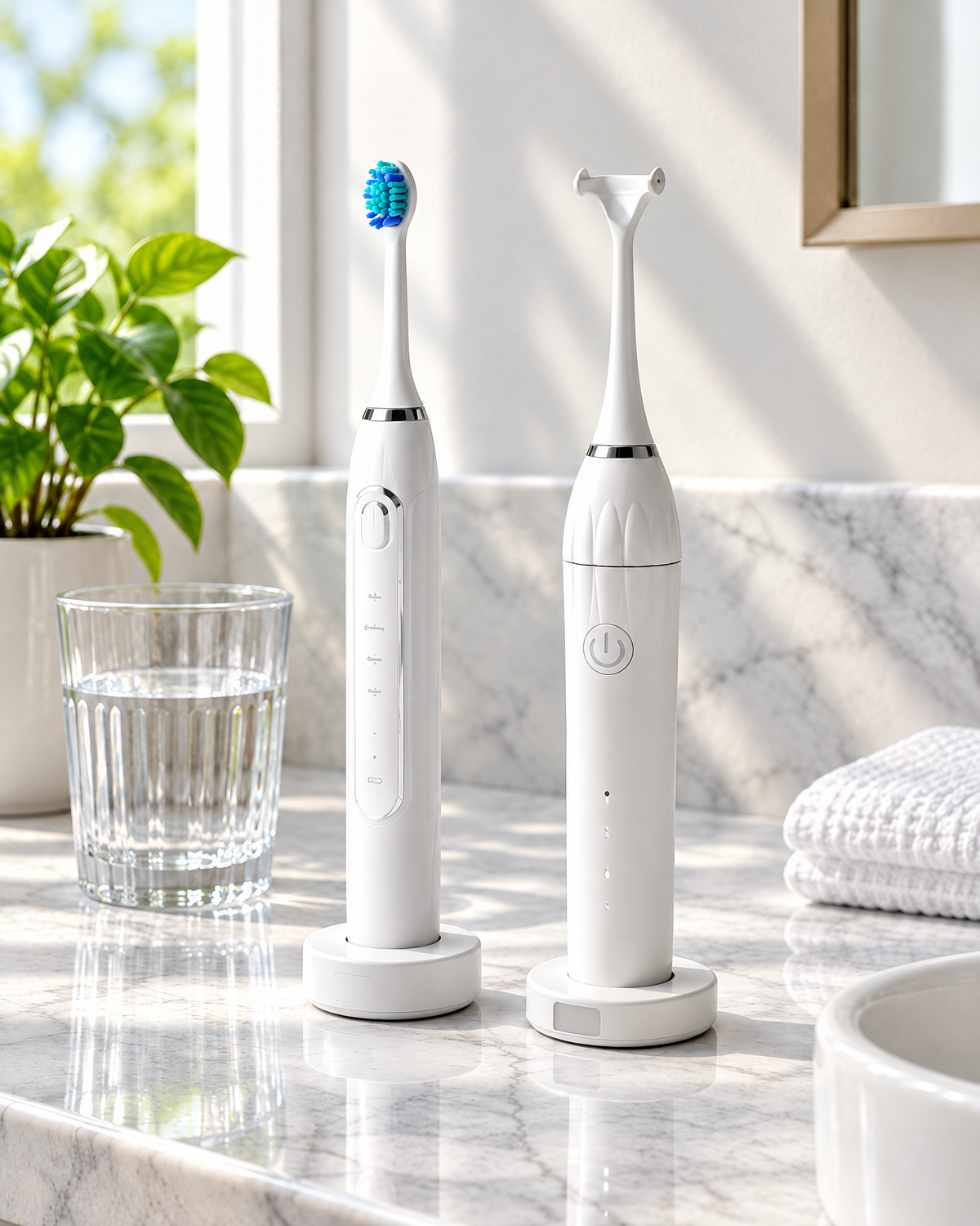 Sonic toothbrush and PureGlide flosser on a bathroom counter