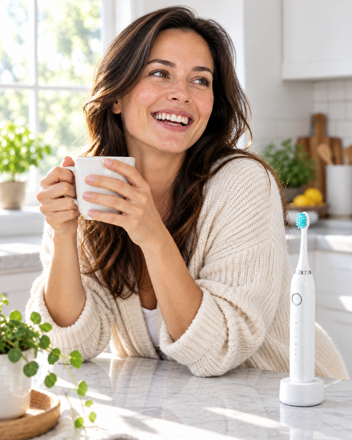 Woman smiling with a coffee, sonic toothbrush on the counter