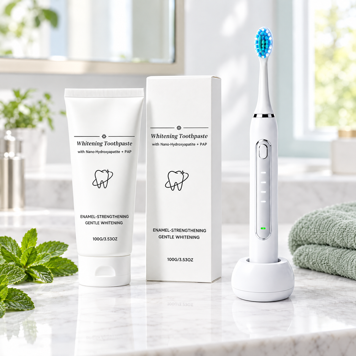 PAP whitening toothpaste and box beside the Blue Light Whitening Sonic Toothbrush on a marble bathroom counter