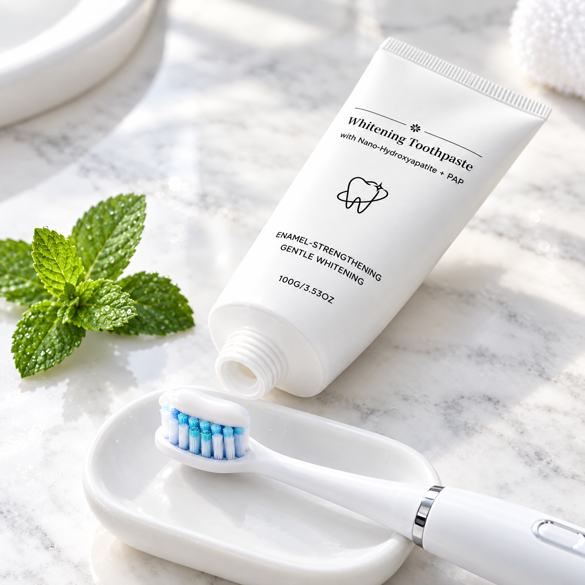 PAP whitening toothpaste squeezed onto the sonic toothbrush head with fresh mint